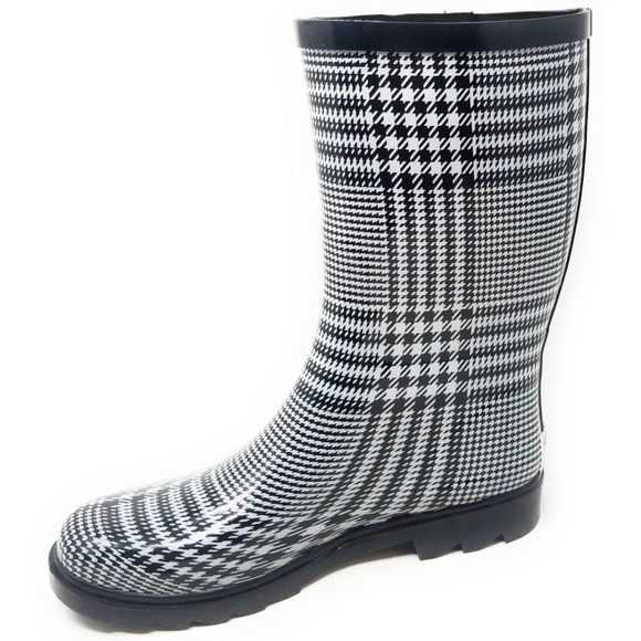 black and white plaid rain boots